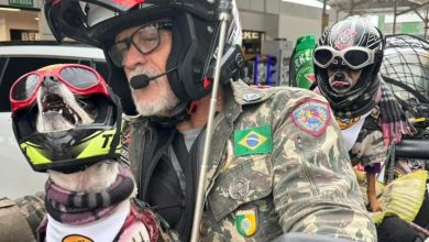 ### Legenda: Cleber Lourenço Lopes, caminhoneiro aposentado de 65 anos, inicia sua aventura de moto rumo à América do Sul com suas companheiras de viagem, as cadelas pinscher Camila e Belinha, ambas equipadas com óculos de proteção. A jornada começa em Volta Redonda e tem como destino final diversos países da América do Sul, com paradas previstas em Pacaraima, Roraima, e Caracas, Venezuela. Cleber pretende documentar a viagem no Instagram @cadelamotociclista, incentivando seguidores a contribuírem via pix para apoiar a aventura.