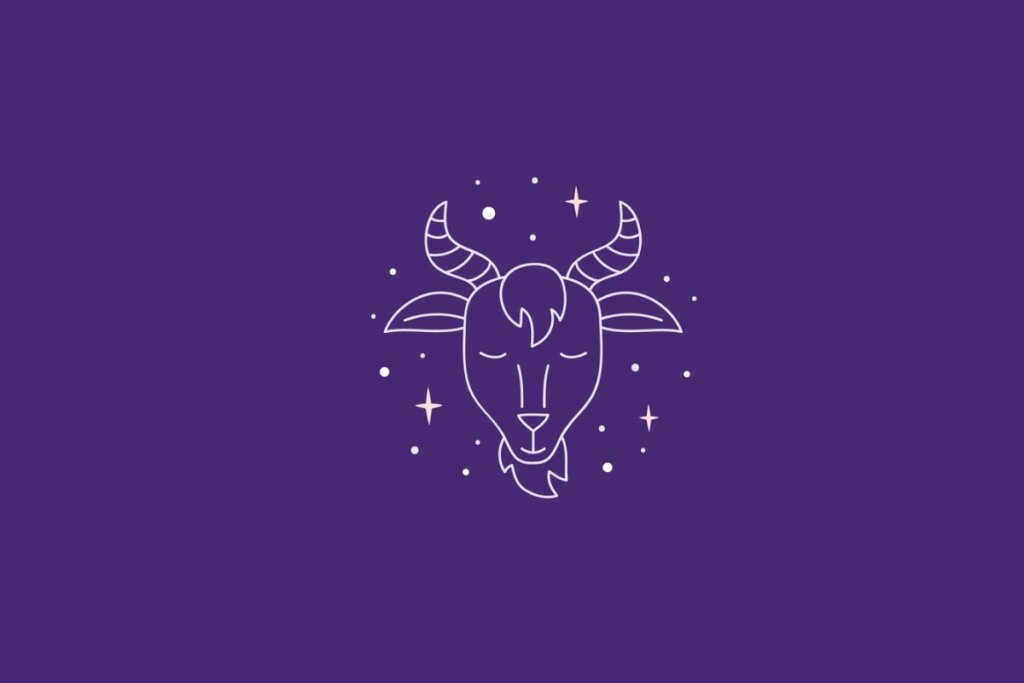 Ilustração do signo de capricórnio em um fundo roxo rodeado por estrelas