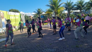 A imagem mostra um grupo de pessoas praticando atividades físicas ao ar livre em uma área com palmeiras e céu claro ao fundo. Os participantes vestem camisetas coloridas e parecem estar envolvidos em uma aula de exercícios, provavelmente uma atividade de ginástica ou dança coletiva. A disposição das pessoas sugere um ambiente animado e colaborativo, com todos realizando movimentos sincronizados. A cena transmite uma atmosfera saudável e ativa, promovendo o bem-estar físico e social em um espaço comunitário.