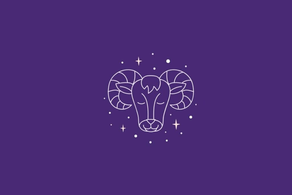 Ilustração do signo de capricórnio em um fundo roxo rodeado por estrelas