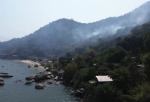 Foto mostra fumaça na floresta perto de casas em Jaguanum