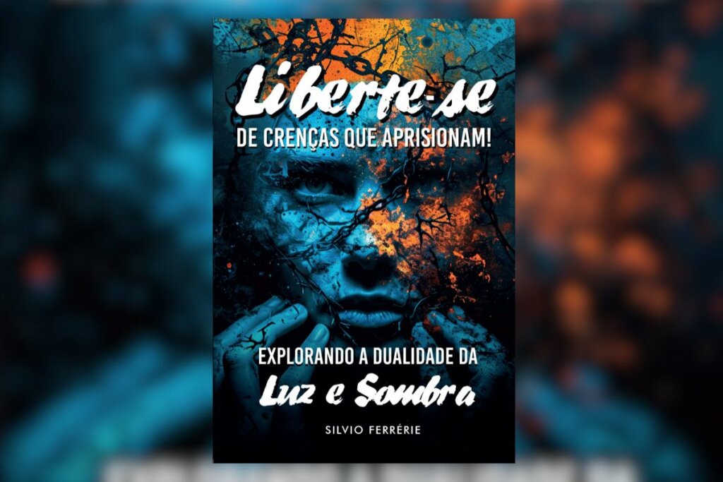 Capa do livro "Liberte-se de crenças que aprisionam" com a foto de um rosto em um fundo azul com detalhes laranja 