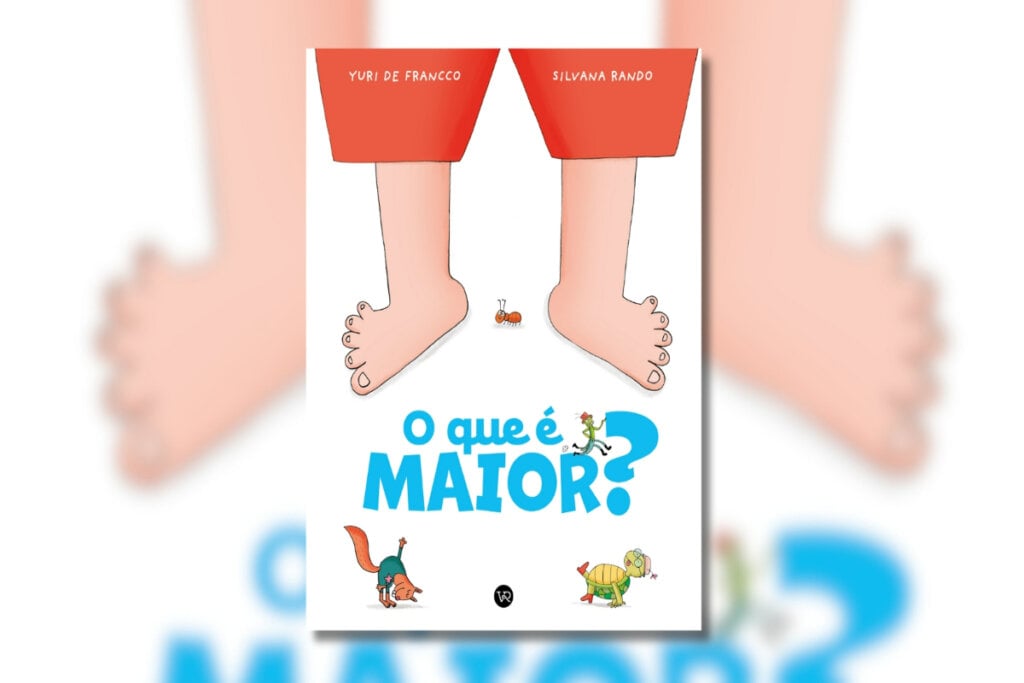 Capa de um livro com a ilustração de dois pés de criança gigantes e uma formiga pequena e outros animais