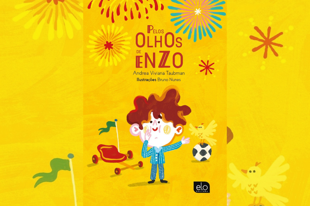 Capa do livro Pelos olhos de Enzo com a ilustração de um menino na capa com uma bola de futebol e um carrinho de rolemã 