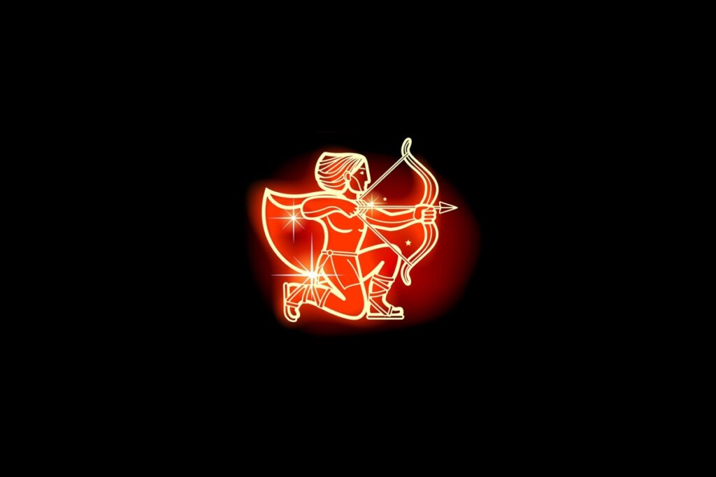 Ilustração em vermelho neon do signo de Sagitário