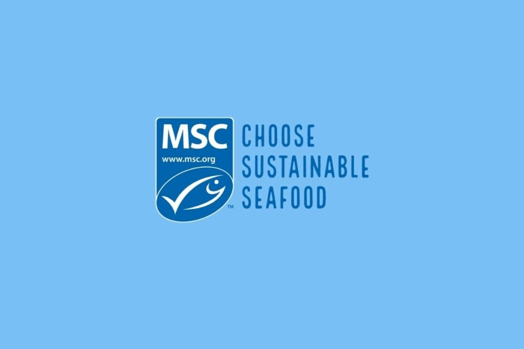 Certificação Sustainable Seafood do Marine Stewardship Council em um fundo azul-claro