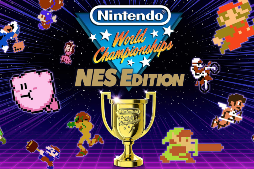 Imagem promocional do Nintendo World Championships: NES Edition com personagens clássicos da era NES ao redor de um troféu dourado