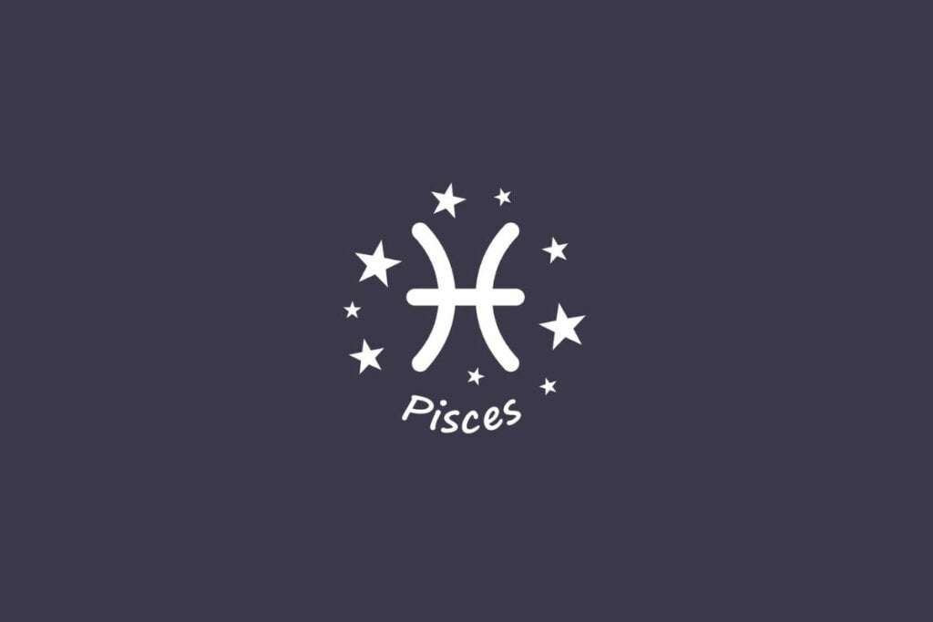 Ilustração do signo de peixes em branco com estrelas em um fundo cinza