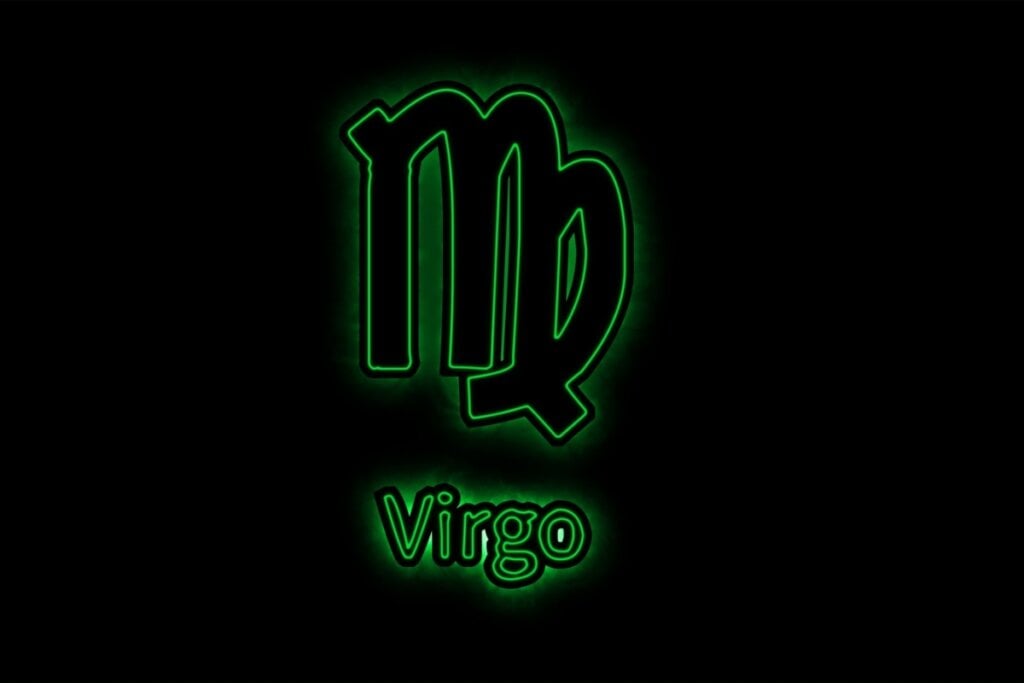 símbolo e nome do signo de virgem verde em fundo preto