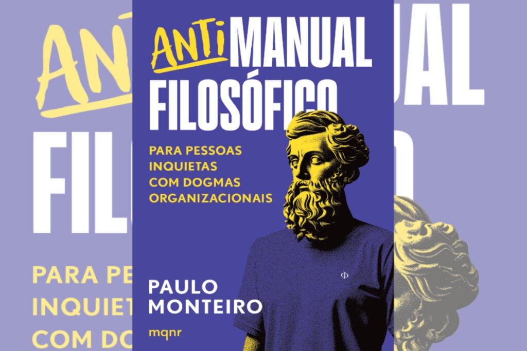 capa do livro "Antimanual filosófico" em azul, com escritos em branco e amarelo e imagem de filósofo