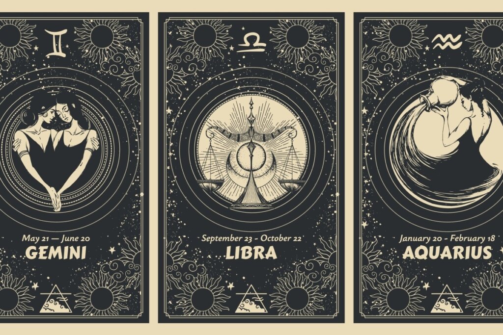 ilustração de cartas em tons de preto e bege com os Signos de Ar: Gêmeos, Libra e Aquário