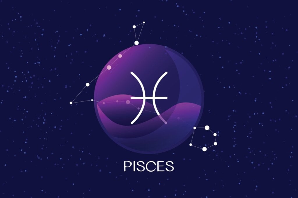 círculo roxo com o símbolo do signo de peixes e fundo de estrelas