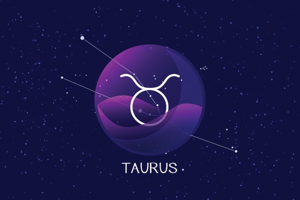 círculo roxo com o símbolo do signo de touro e fundo de estrelas