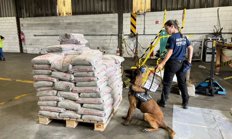 Cães farejadores auxiliaram a identificar a droga em meio aos sacos de argamassa no Porto de Itaguaí (Foto: Divulgação Receita Federal)