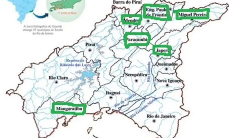 Mapa dos municípios destacados em verde, incluindo Mangaratiba