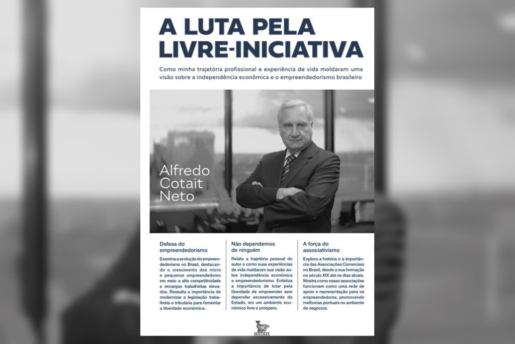 Capa de livro em preto e branco com a foto de um homem de braços cruzados em escritório e informações do conteúdo do livro 