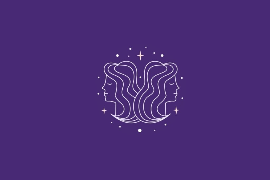 Ilustração do signo de gêmeos em um fundo roxo rodeado por estrelas