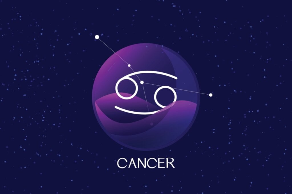 círculo roxo com o símbolo do signo de câncer e fundo de estrelas