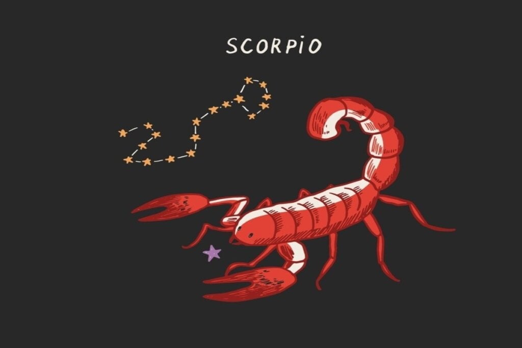 Ilustração colorida do símbolo do signo de escorpião em fundo preto