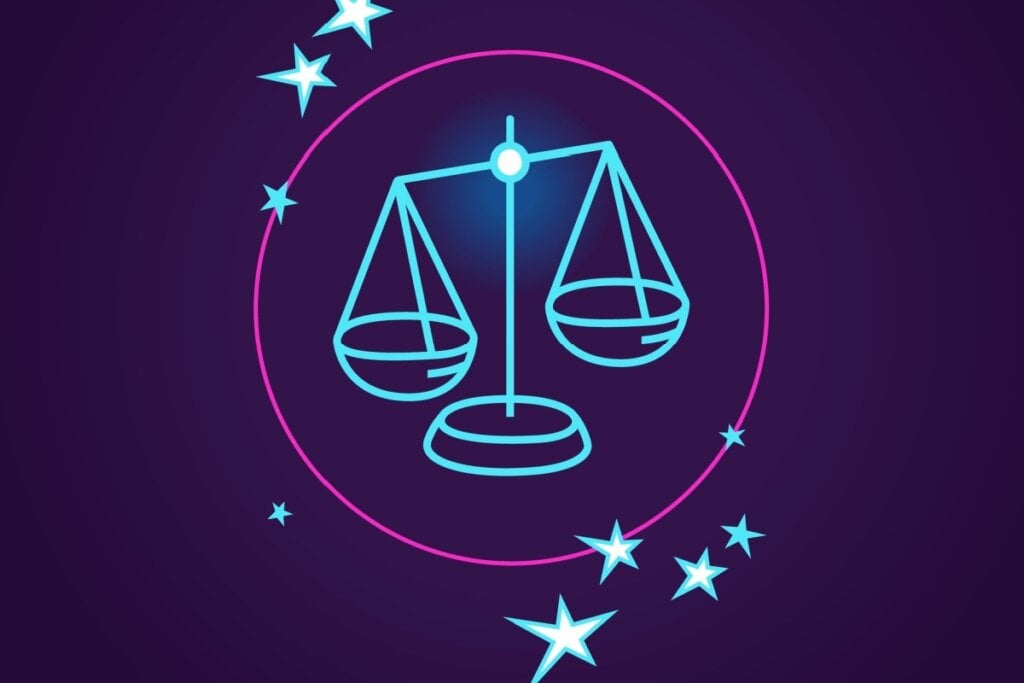 Ilustração do signo de libra em azul neon dentro de um círculo rosa e com estrelas ao redor em um fundo roxo