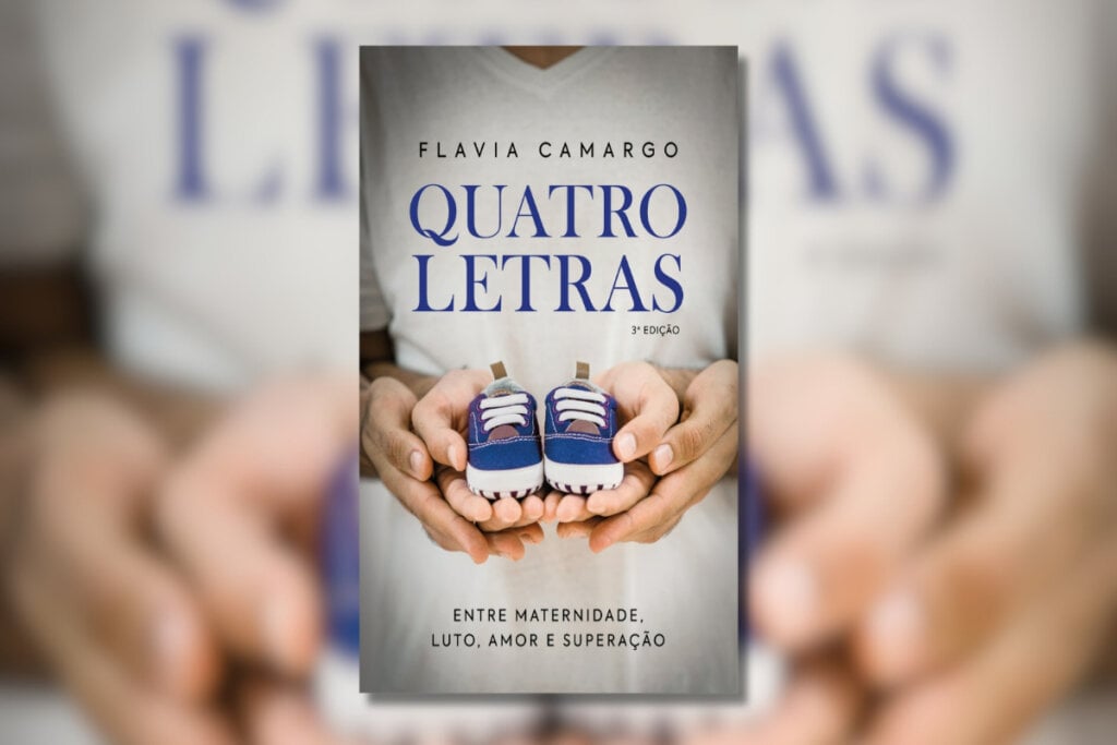 Capa de livro escrito o título e o autor e com a imagem de pais segurando sapatinhos de bebê ao fundo 