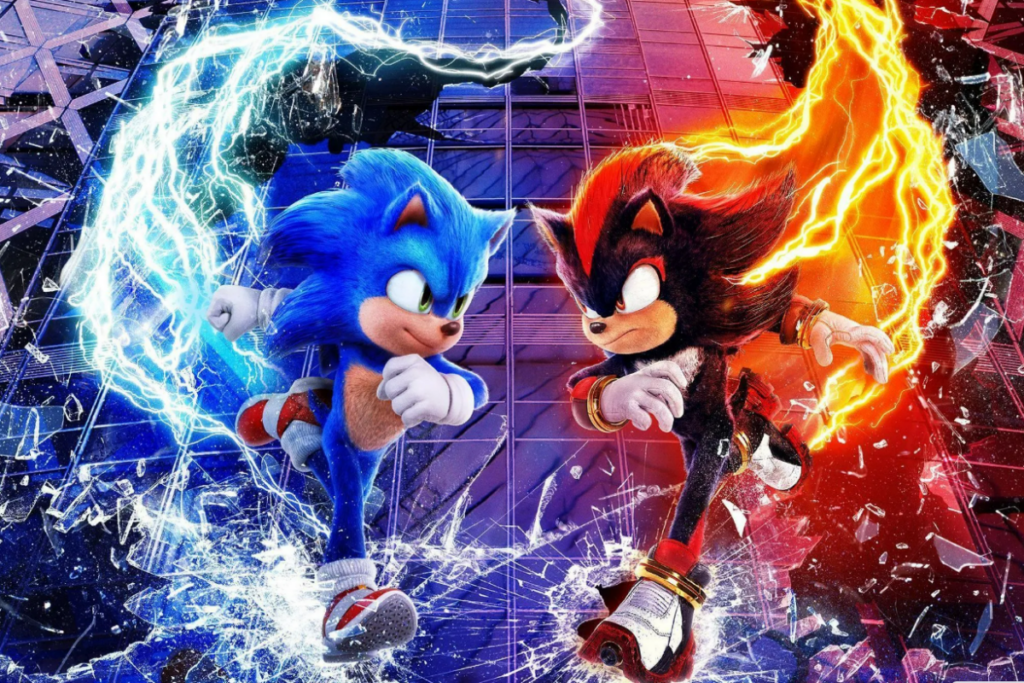 Ilustração do personagem Sonic e ao lado dele outro ouriço como o Sonic preto e vermelho