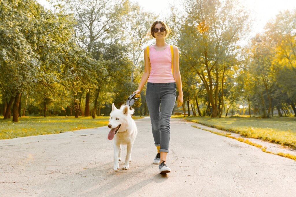 Mulher passeando com um cachorro em um parque 