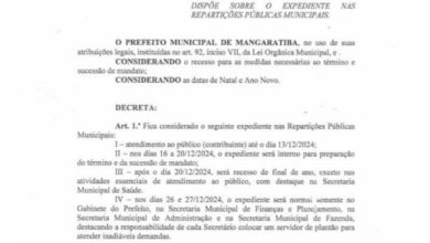 Reprodução do decreto que estabelece esquema de trabalho especial na prefeitura de Mangaratiba em virtude do final do ano