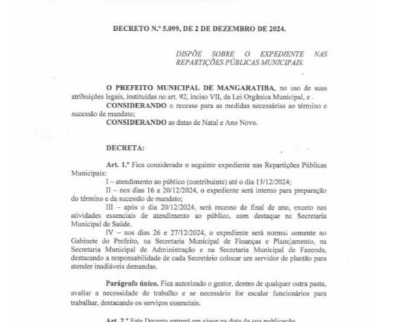 Reprodução do decreto que estabelece esquema de trabalho especial na prefeitura de Mangaratiba em virtude do final do ano