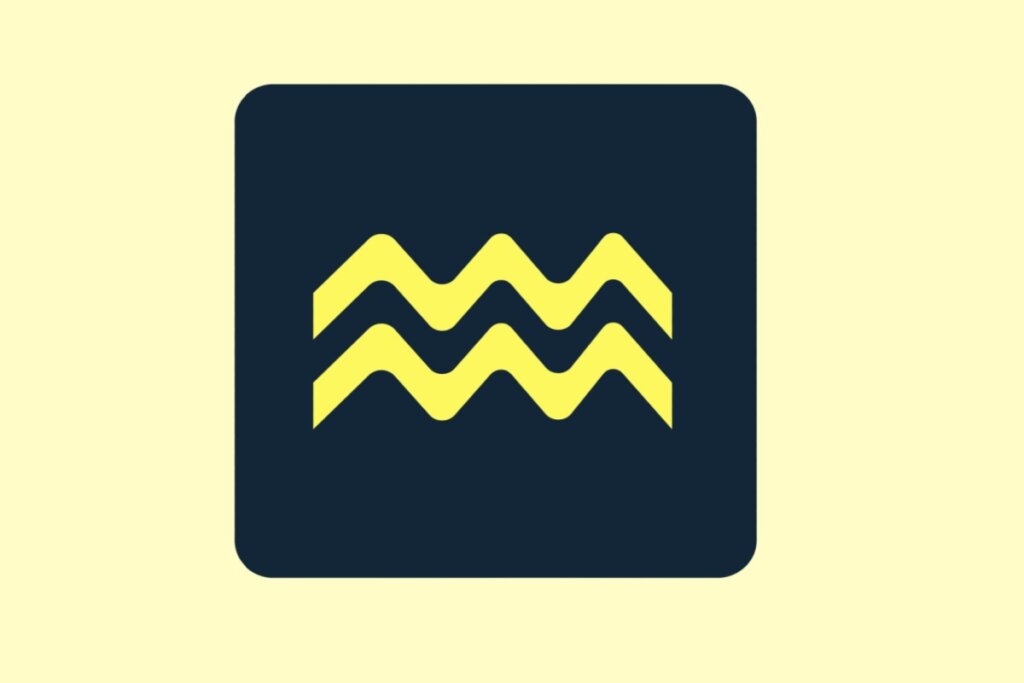 Ilustração do símbolo do signo de aquário em amarelo dentro de quadrado azul e em fundo amarelo