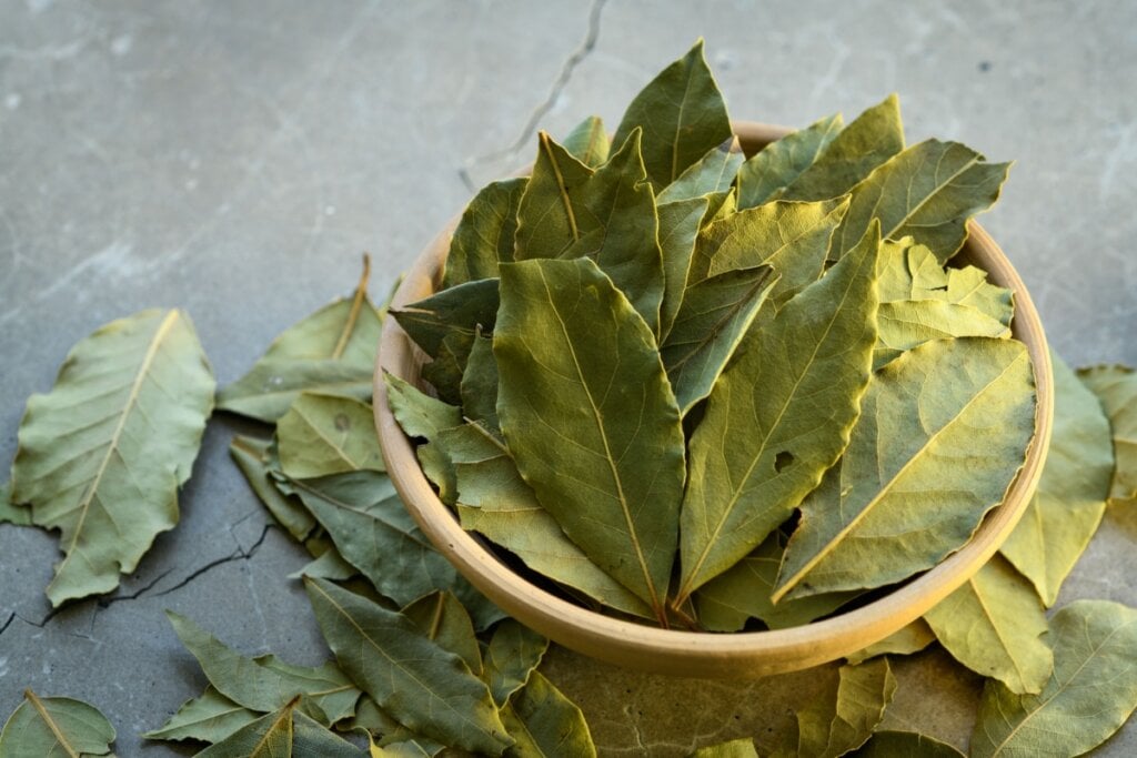 Punhado de folhas de louro em pote de madeira