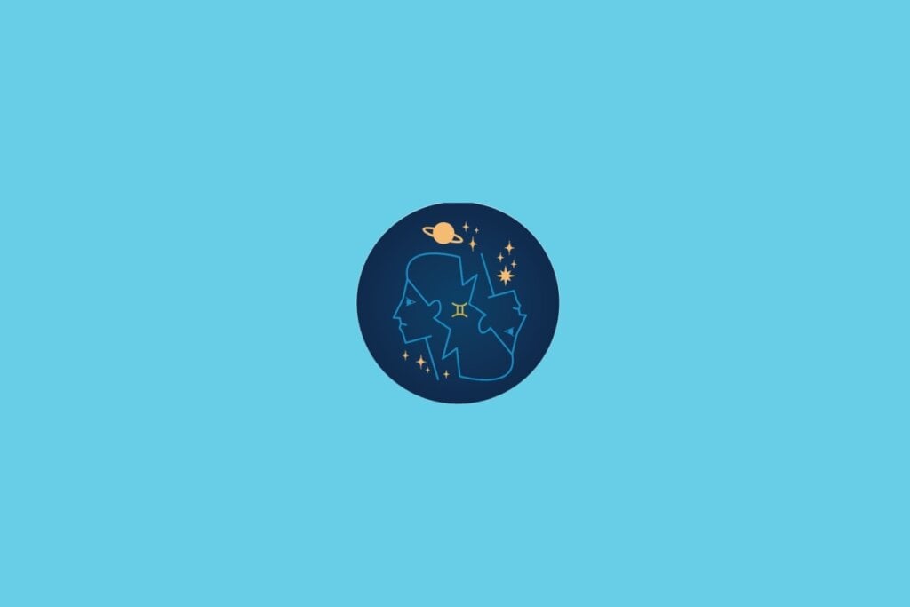 Ilustração do signo de Gêmeos com dois rostos humanos voltados em direções opostas, cercados por estrelas e um fundo azul