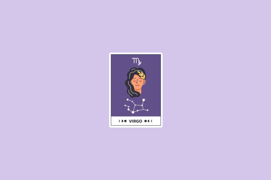 Ilustração do signo de Virgem com o perfil de uma mulher estilizada, adornada por flores no cabelo, em um fundo roxo, complementado pela constelação de Virgem