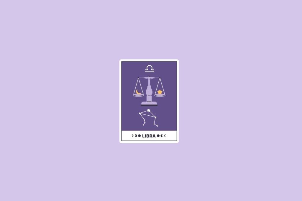 Ilustração do signo de Libra com uma balança equilibrada, acompanhada por elementos de lua e estrela, em um fundo roxo com a constelação do signo visível