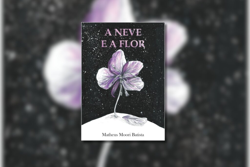 Capa do livro "A Neve e a Flor" com a ilustração de uma flor roxa em um fundo preto 