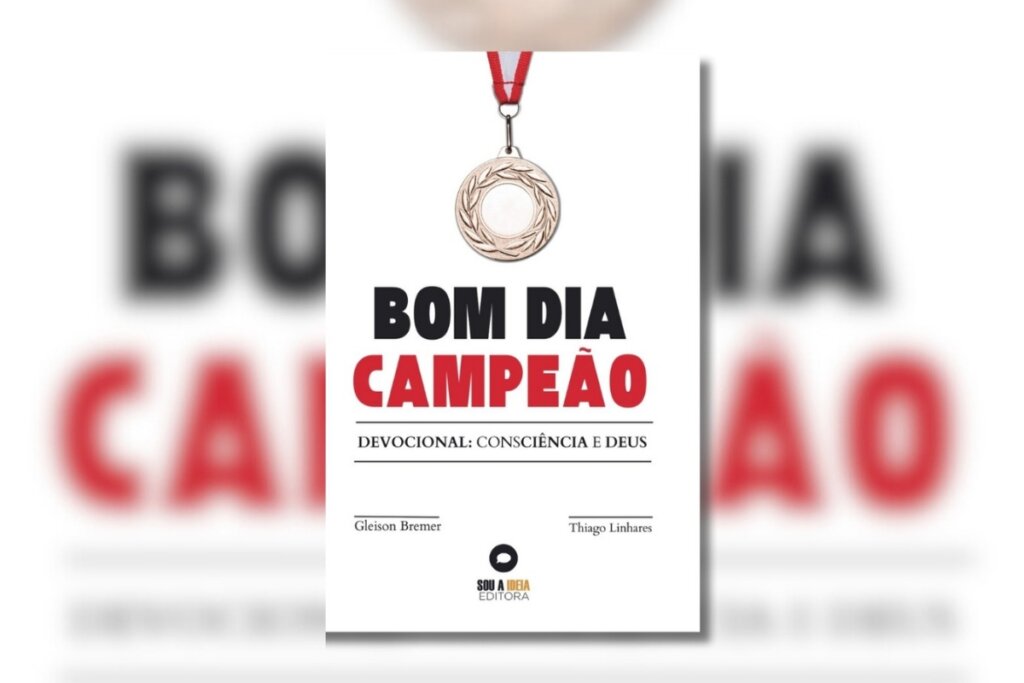 Capa do livro " Bom dia, Campeão" em branco com a ilustração de uma medalha na parte superior 