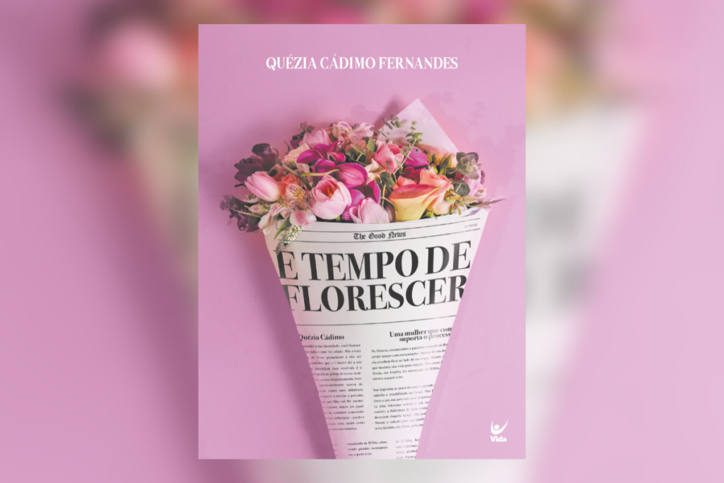 Capa de livro com buquê de flores e no jornal está escrito o título do livro em fundo rosa com o nome da autora 