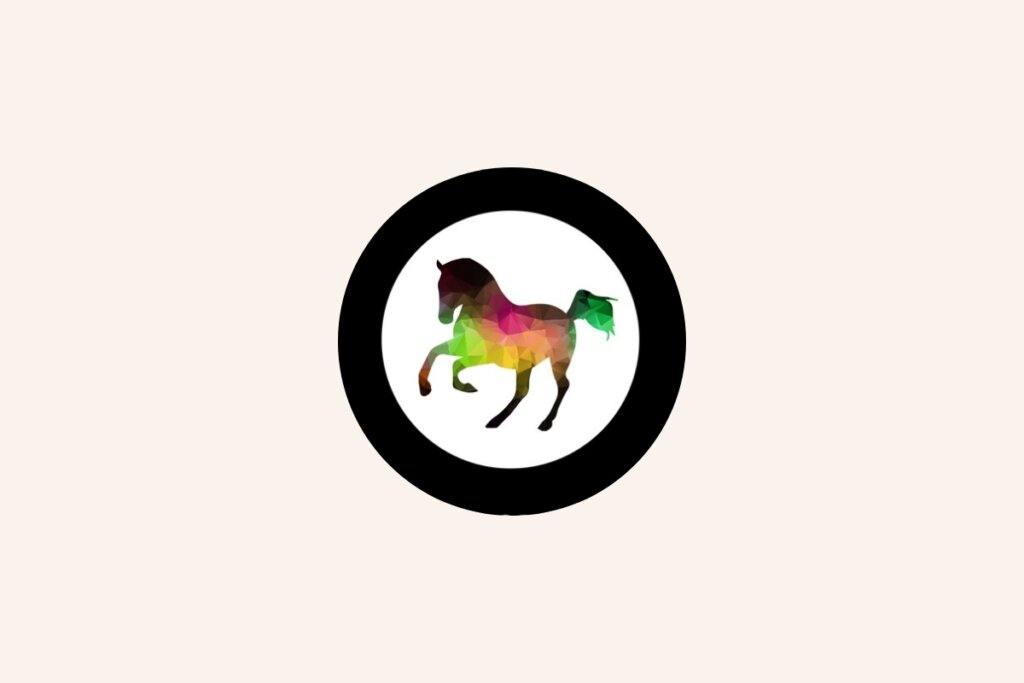 Ilustração do signo do cavalo colorido em um fundo branco, preto e bege