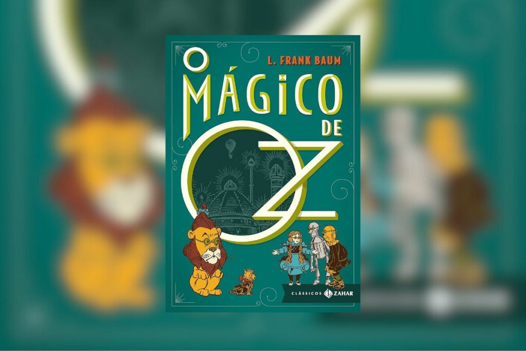 Capa do livro "O Mágico de Oz" em verde e com a ilustração de um leão, cachorro e robôs