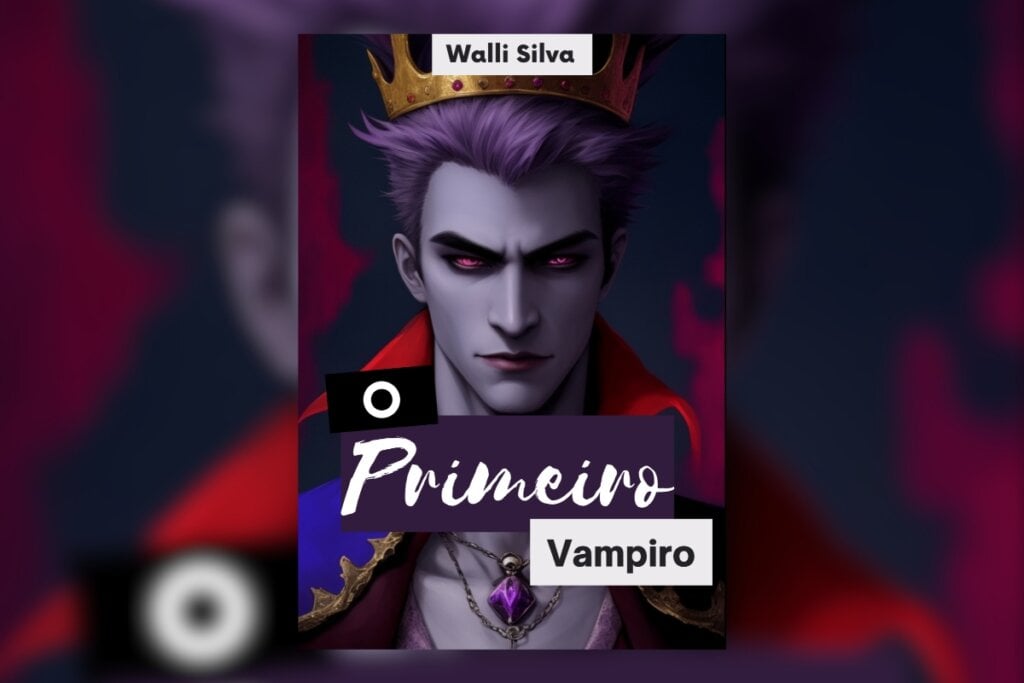 Capa do livro "O Primeiro Vampiro" com a ilustração de um homem com olhos vermelhos e cabelo roxo