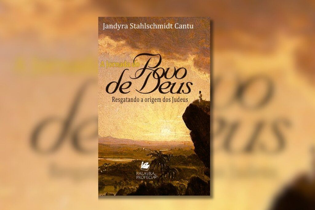 Capa do livro "A jornada do povo de Deus" com a foto de uma pedra e uma paisagem verde em baixo dela ao pôr do sol