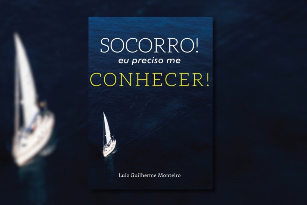 Capa do livro "Socorro! Eu preciso me conhecer!" em azul-escuro com a ilustração de um barco no canto esquerdo 