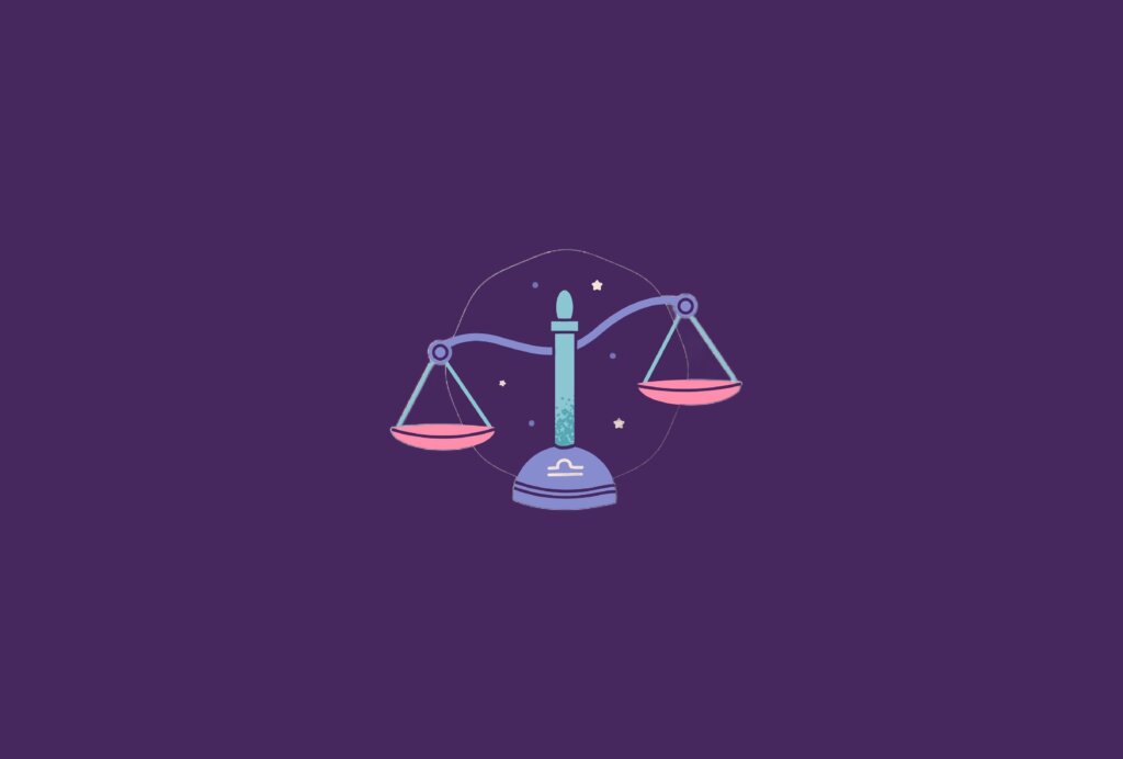 Ilustração do signo de Libra, simbolizado por uma balança em tons de rosa, roxo e verde, equilibrada sobre um fundo estrelado