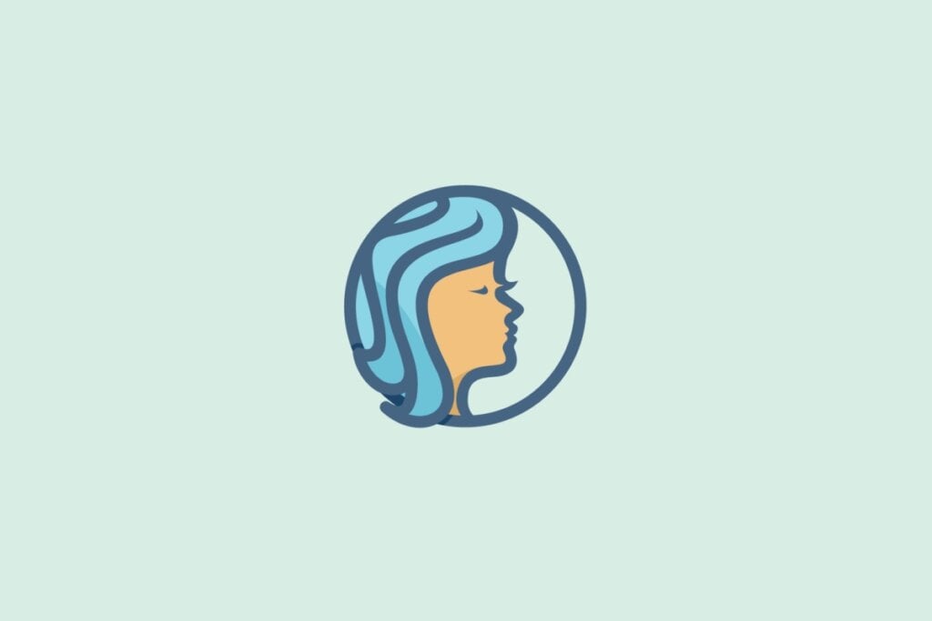 Ilustração do signo de Virgem, simbolizado por um rosto feminino de perfil com cabelo ondulado azul dentro de um círculo