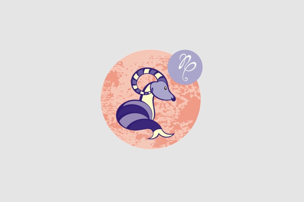 Ilustração do signo de Capricórnio, com um animal híbrido de corpo roxo e chifres listrados