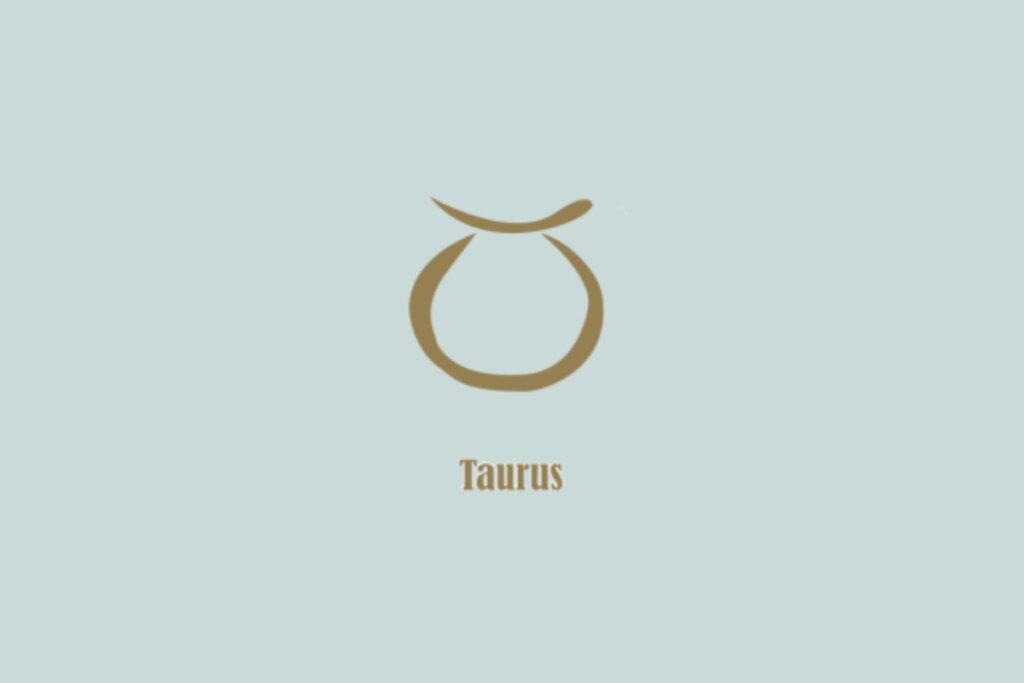 Símbolo dourado de Touro, com um círculo e uma curva no topo, com a palavra "Taurus" abaixo, em fundo azul-claro