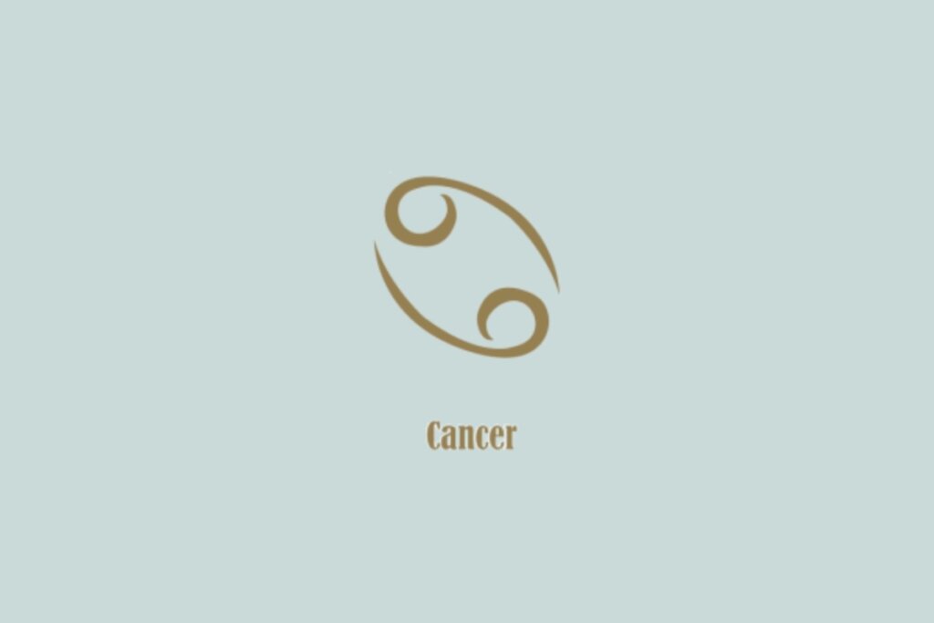 Símbolo dourado de Câncer, composto por duas espirais conectadas, com a palavra "Cancer" abaixo, em fundo azul-claro