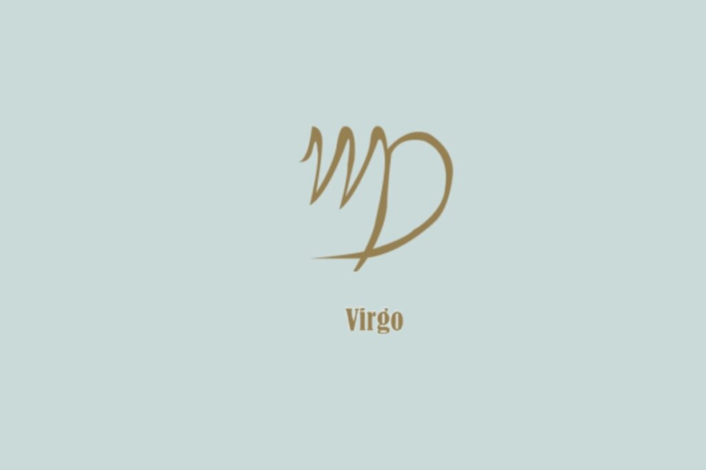 Símbolo dourado de Virgem, formado por um "M" com uma perna curva, com a palavra "Virgo" abaixo, em fundo azul-claro