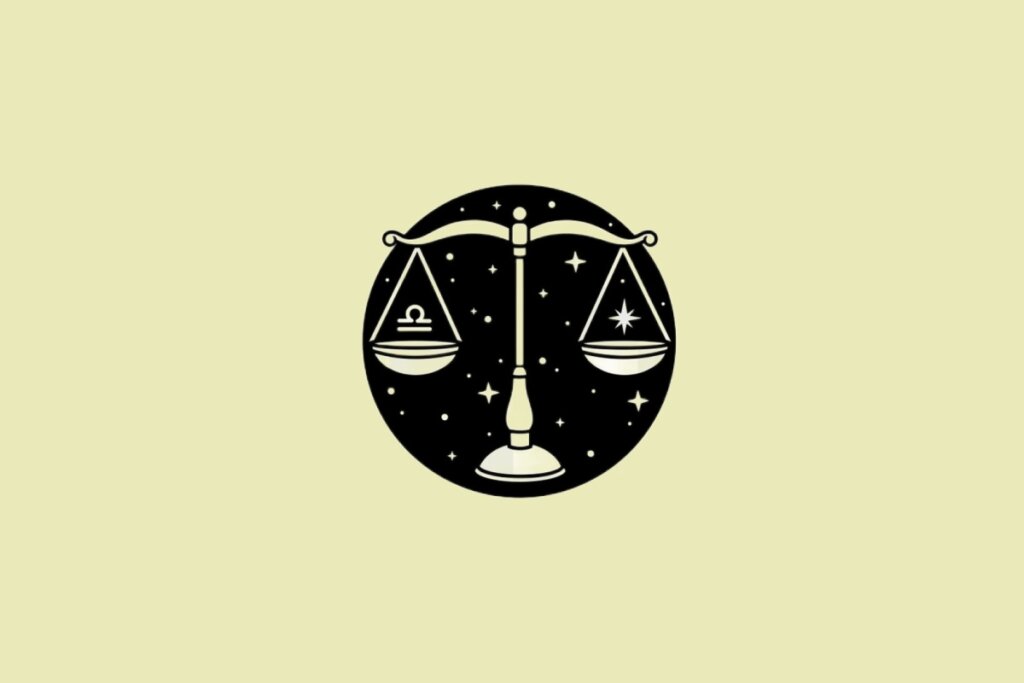 Ilustração preta do signo de libra em fundo amarelo