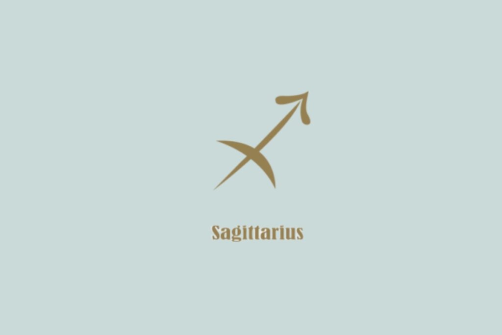 Símbolo dourado de Sagitário, representado por uma flecha apontada para cima, com a palavra "Sagittarius" abaixo, em fundo azul-claro